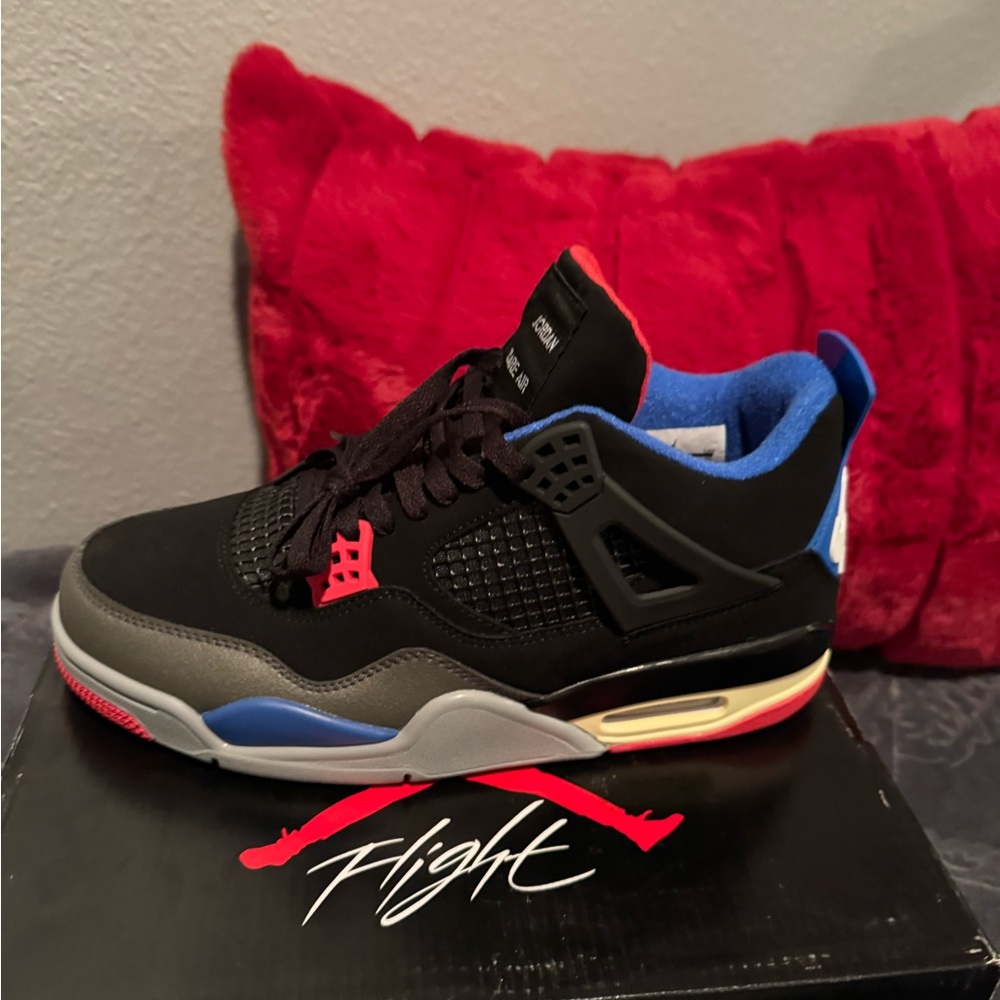 4 Retro Black and Gray with Red and Blue Highlights sneakers
